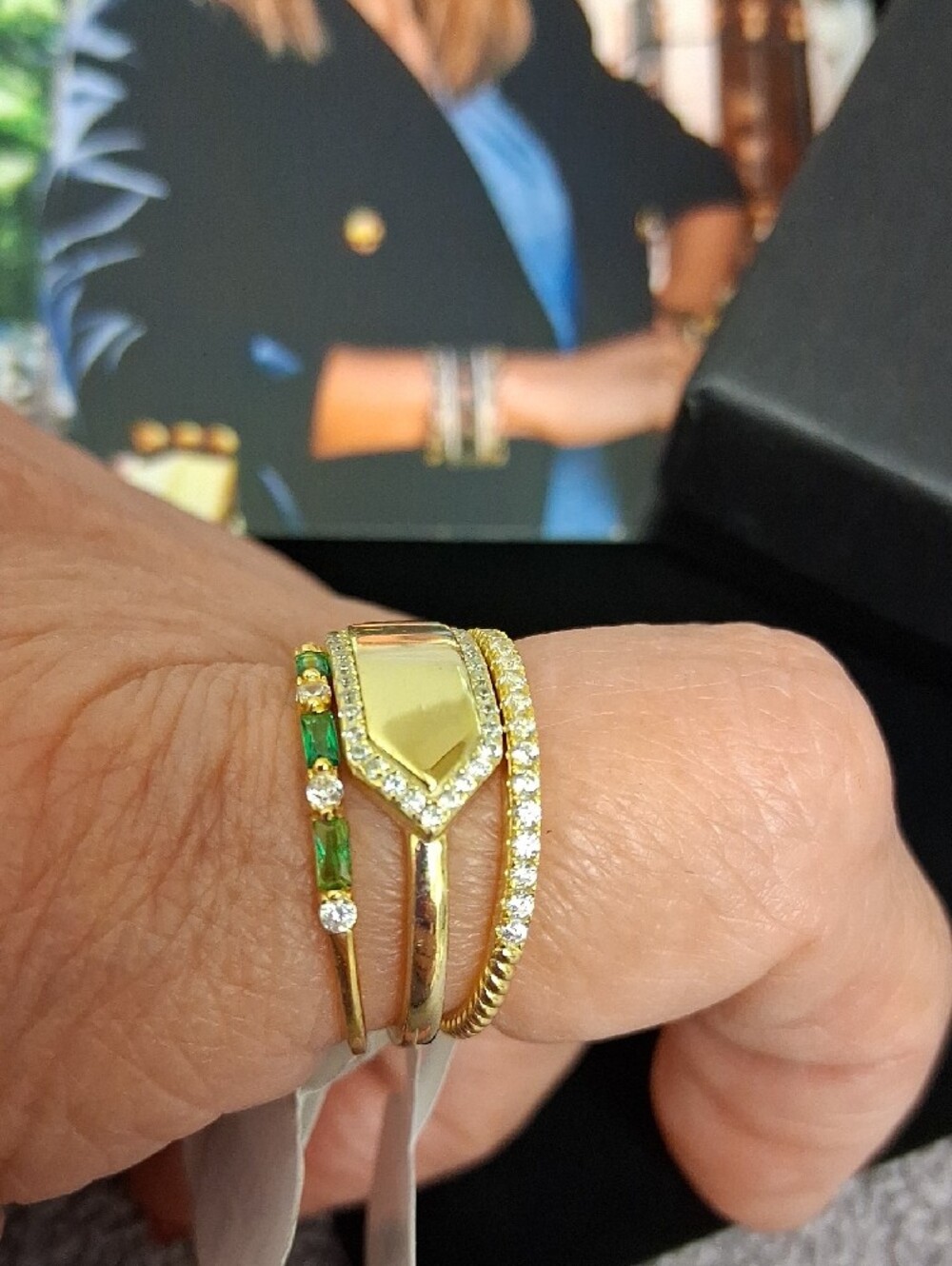 Gold 3 Piece Stackable Ring Set with Green Stones - Size 7 - Picture 3 of 6